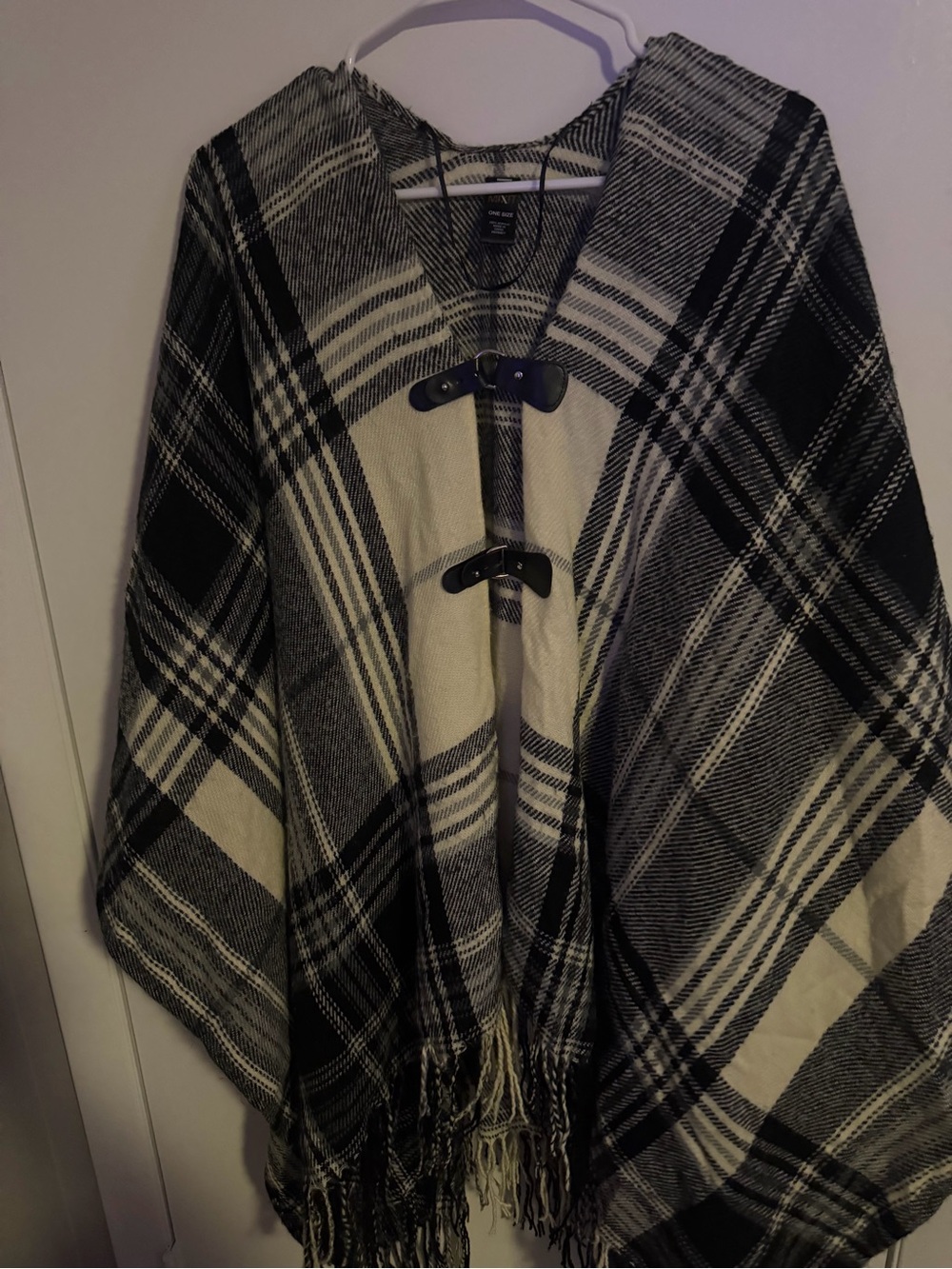 Plaid Toggle Poncho Coat - Black & Cream